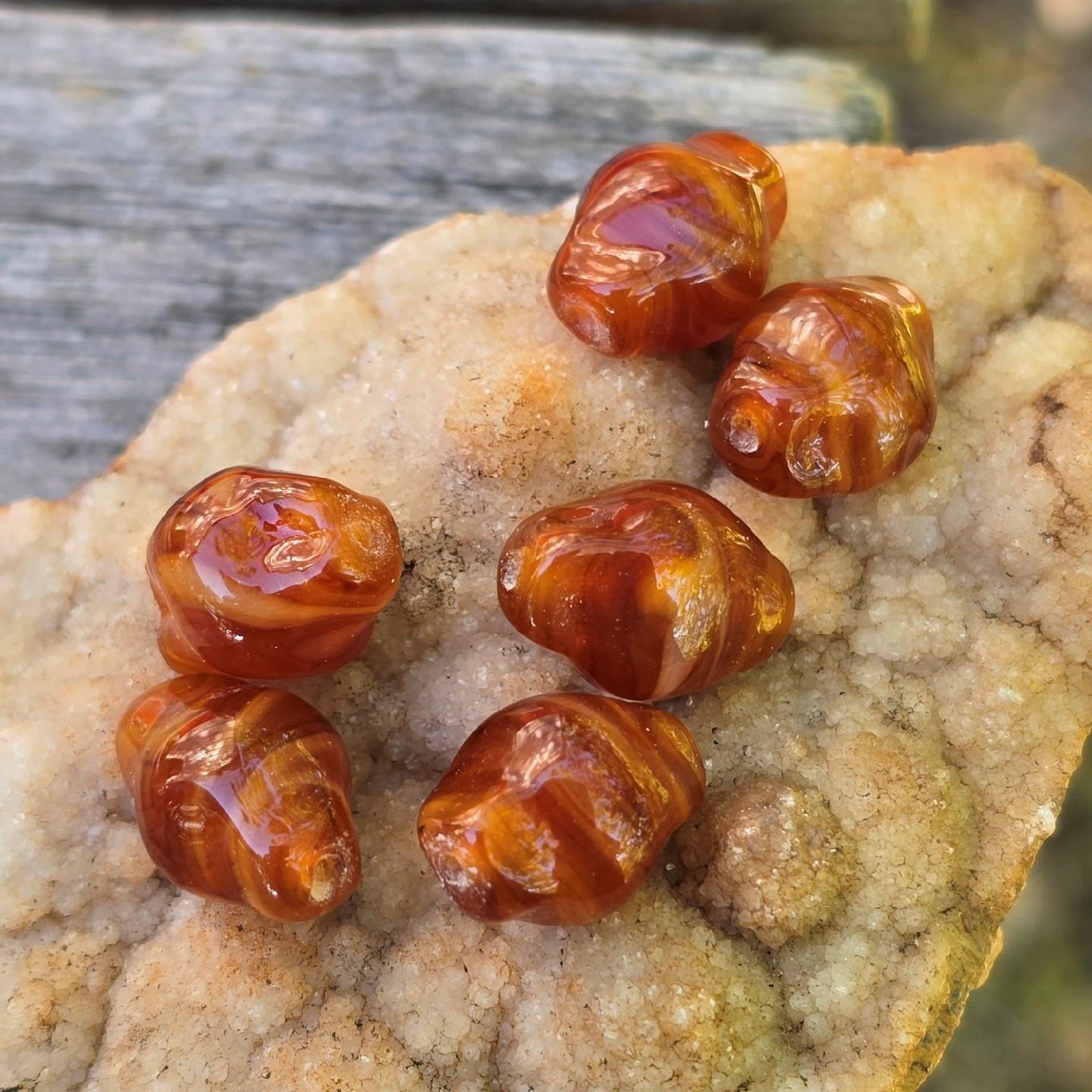 6 Vintage Handmade Lampwork Glass Beads Swirl Caramel Amber Brown Artisan