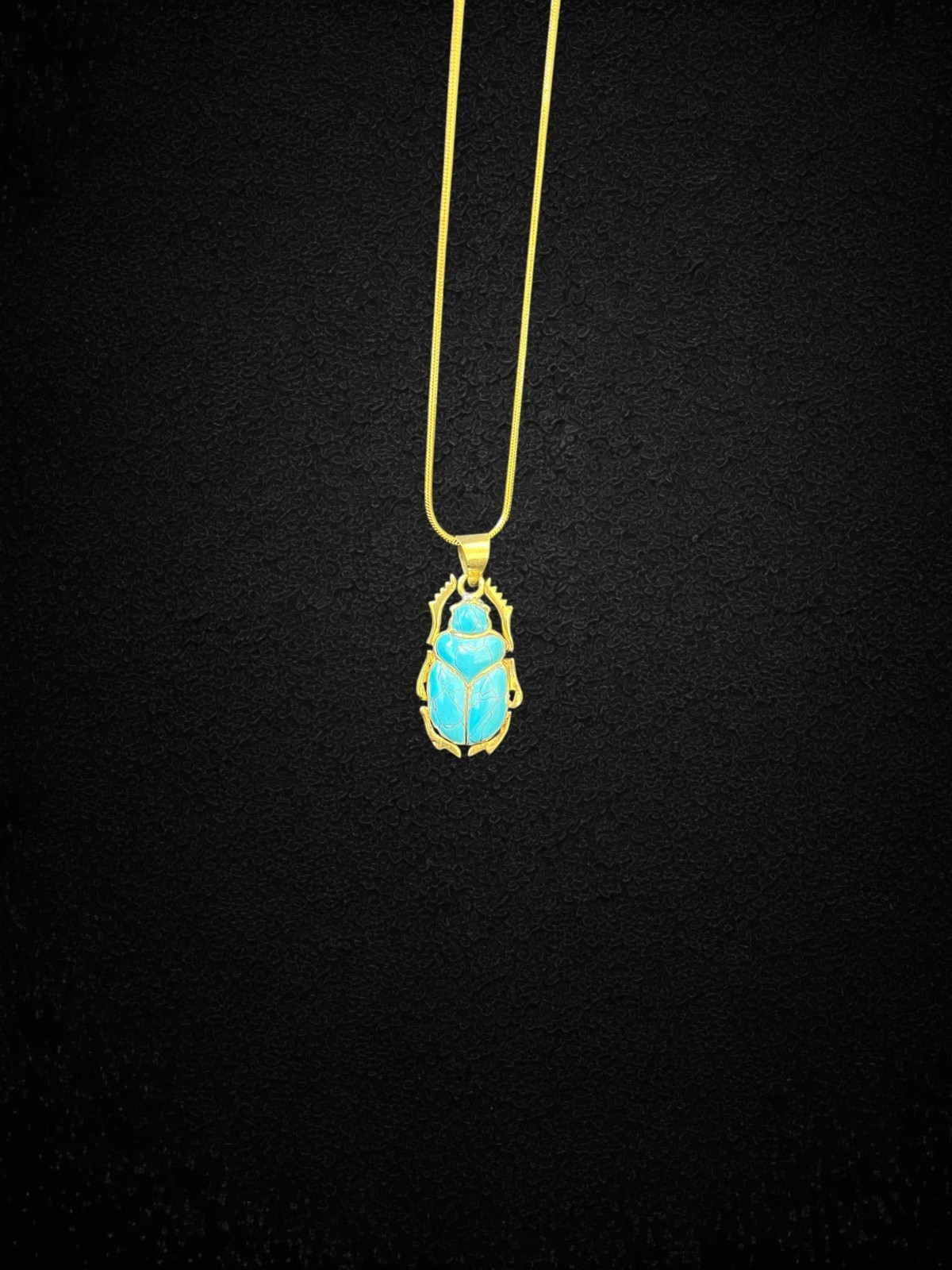 Turquoise Scarab Pendant Ancient Egyptian Amulet Necklace Gold Frame Beetle