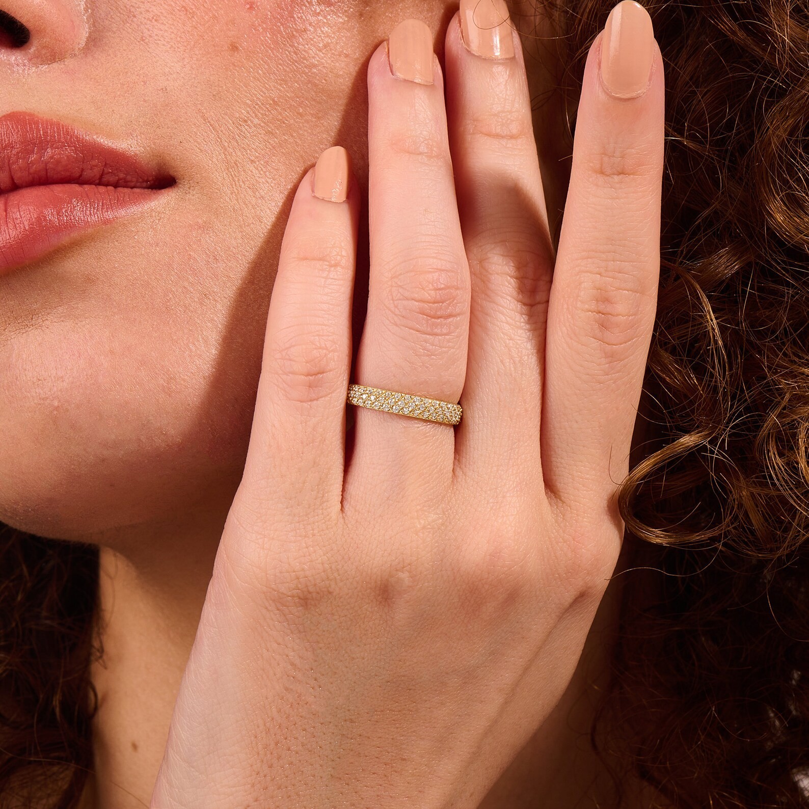 Minimalist Dome Ring Pave Moissanite Eternity Band Ring Solid 14k Yellow Gold