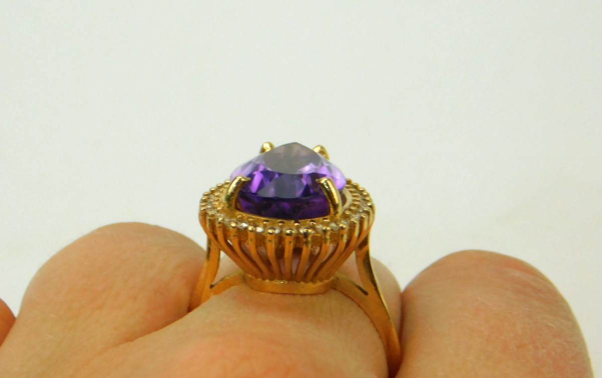 18×10.8mm Pear Cut Lab Created Amethyst Diamond Halo 14k Gold Sz 8 Cocktail Ring