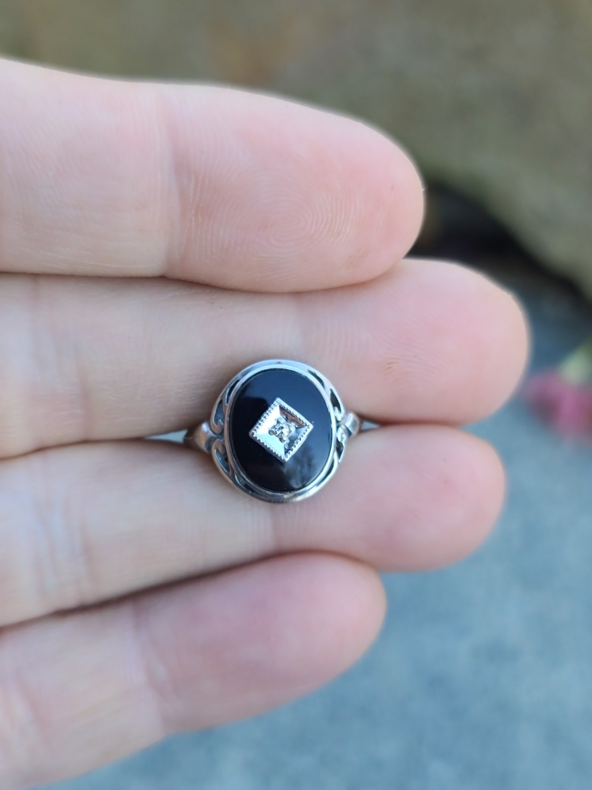 VTG 10k Solid White Gold Diamond Black Onyx Art Deco Ring 4.75sz Signed 3.29gr