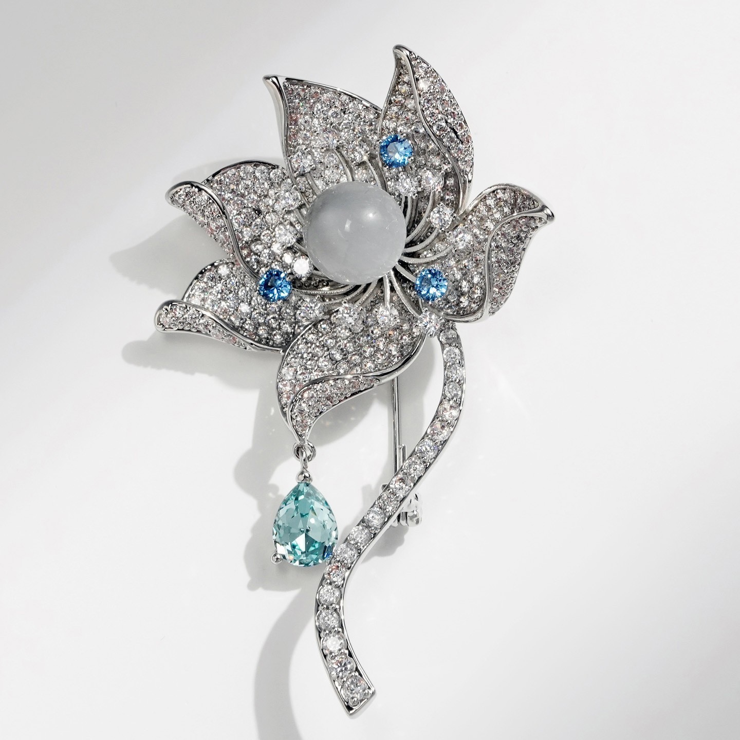 18K Silver Plated Lotus Flower Brooch Pearl Center Blue Zircon Full Pave Crystal