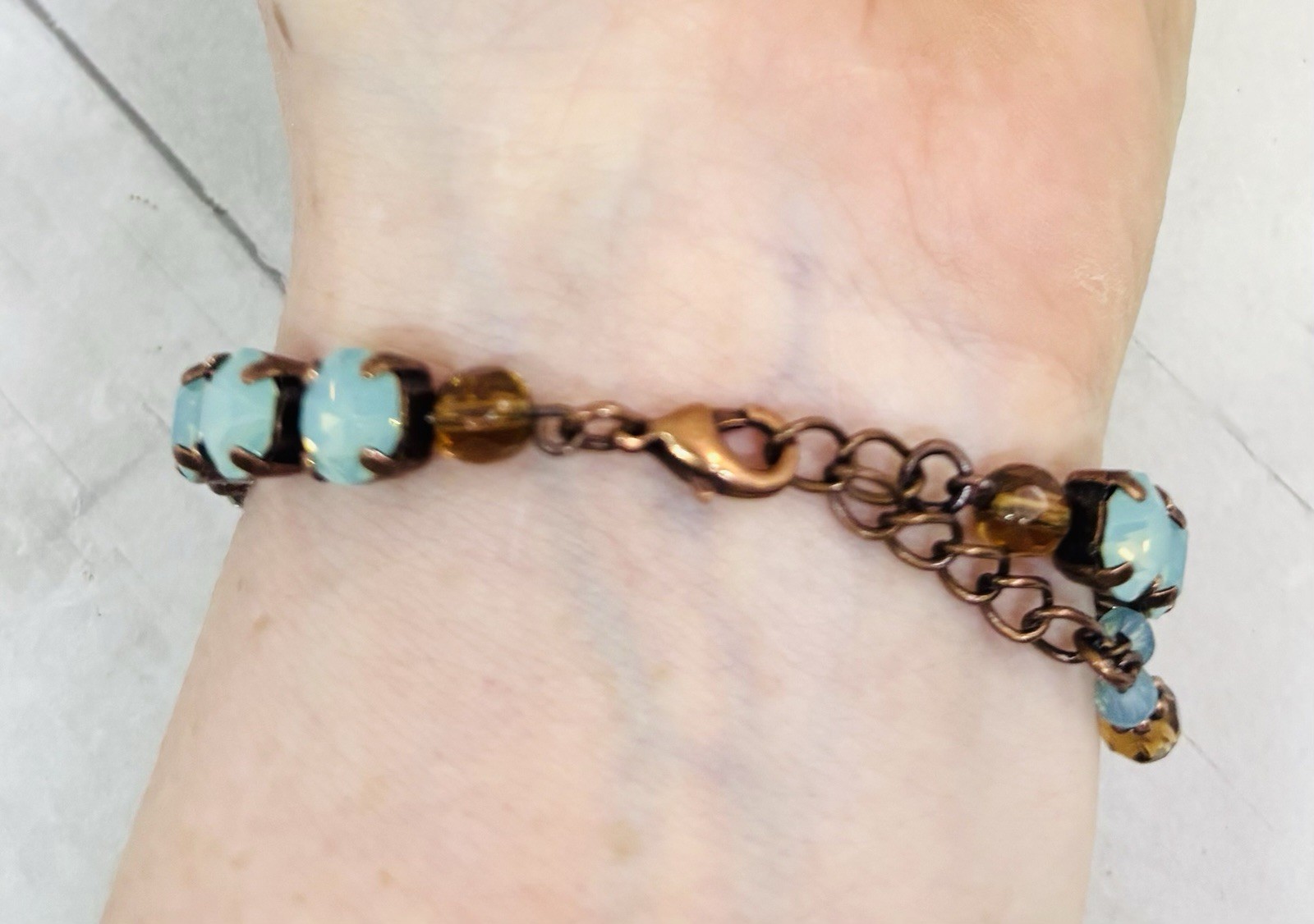 8mm Antique Copper Plated Mint Green Pacific Opal Cup Chain Bracelet