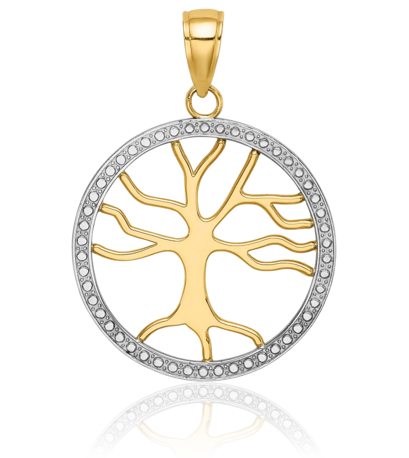 14K Solid Yellow Gold Large Beaded Tree of Life Circle Pendant Necklace 26.1mm