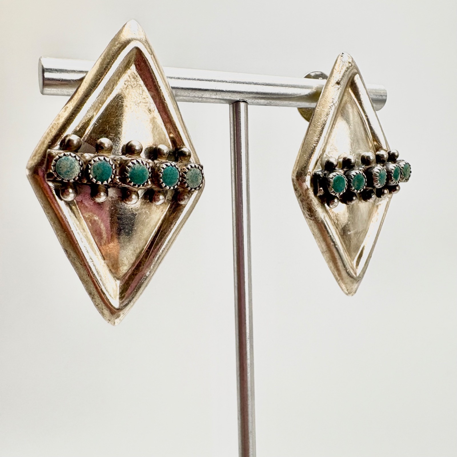 Turquoise Kite Diamond Shape Earrings Sterling Silver 925 Puffed 1.3″ L