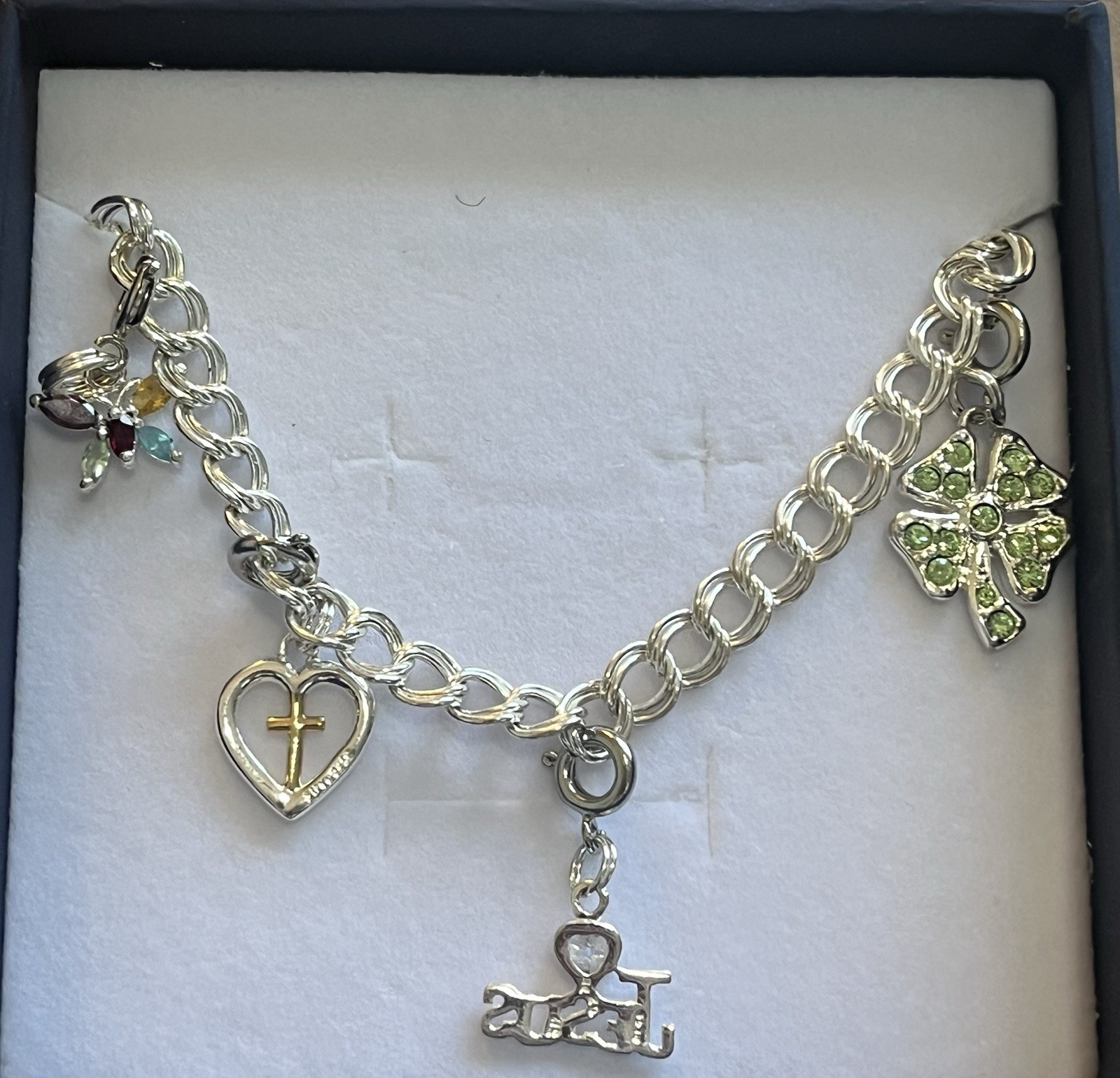 Sterling Silver PGDA Double Band Bracelet With Silver Charms 8”