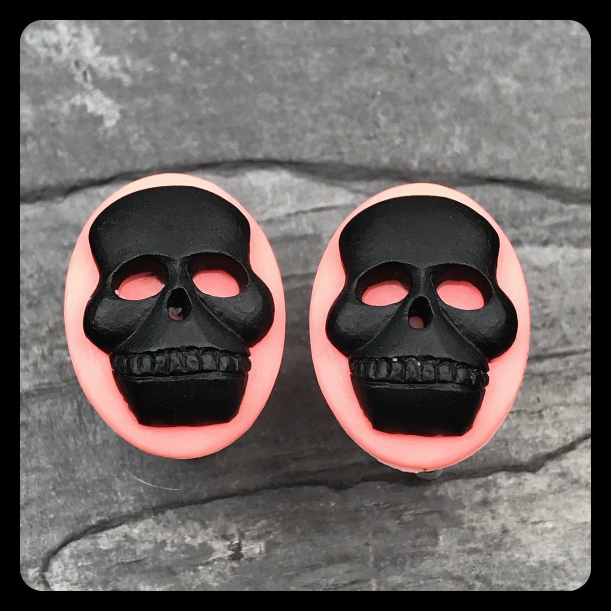 Modern Big Cameo Cufflinks Black Skull Pink Frame Rock n Roll Punk Badass