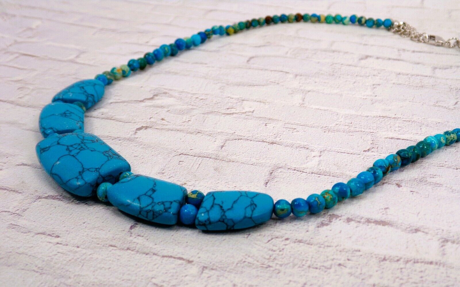 Turquoise stone necklace with large stones in front, small round bead neck New