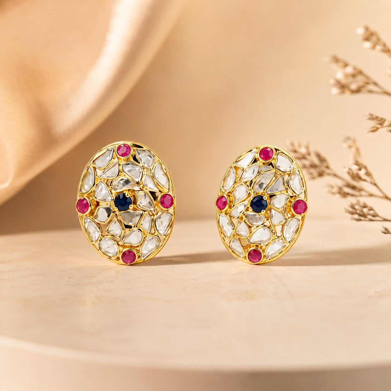 Natural Polki Stud Earrings 925 Sterling Silver Handmade Bridal Wedding Gift