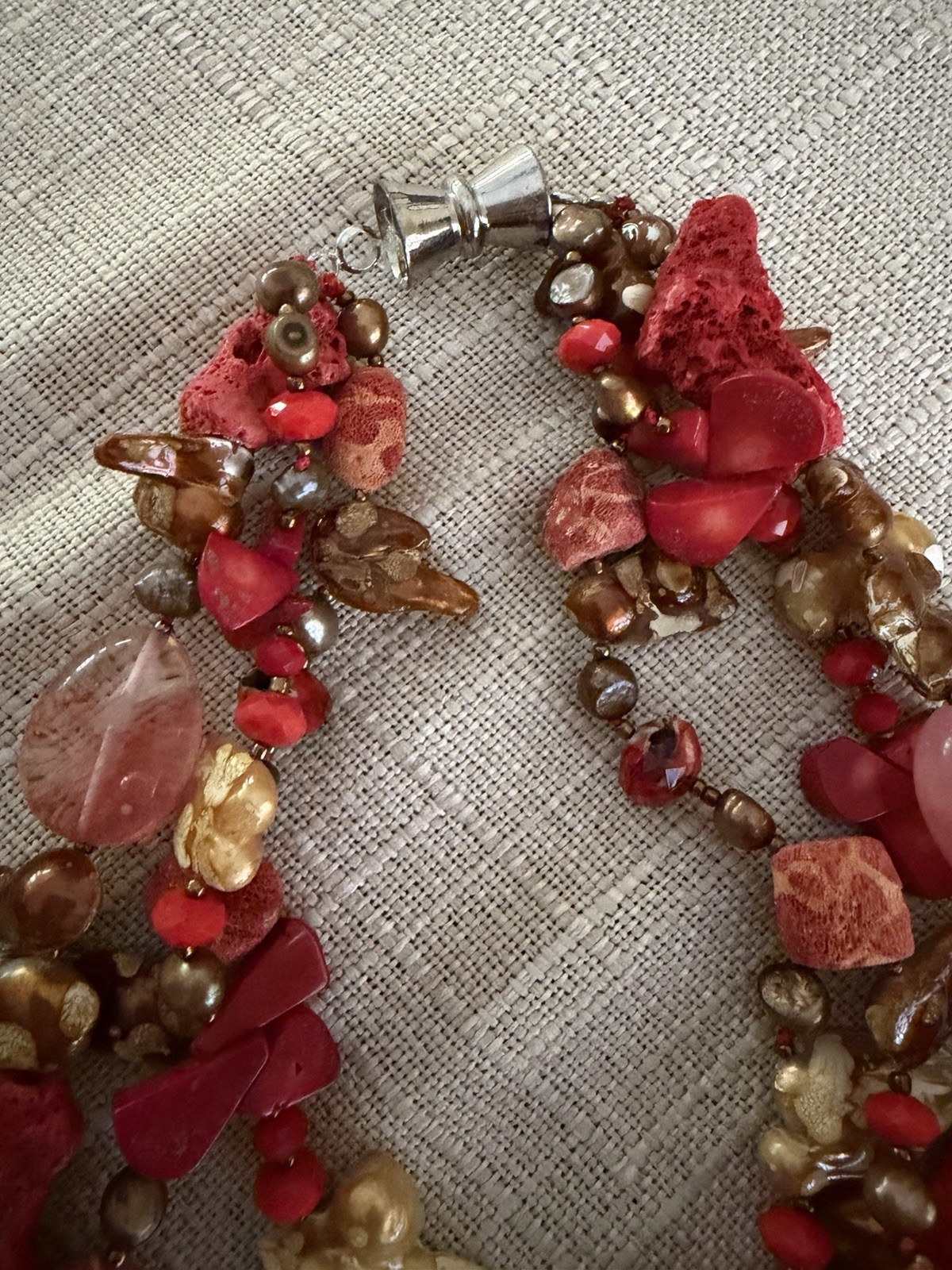 Artisan Multi Strand Coral Shell Pearl Glass Bead Necklace Magnetic Clasp