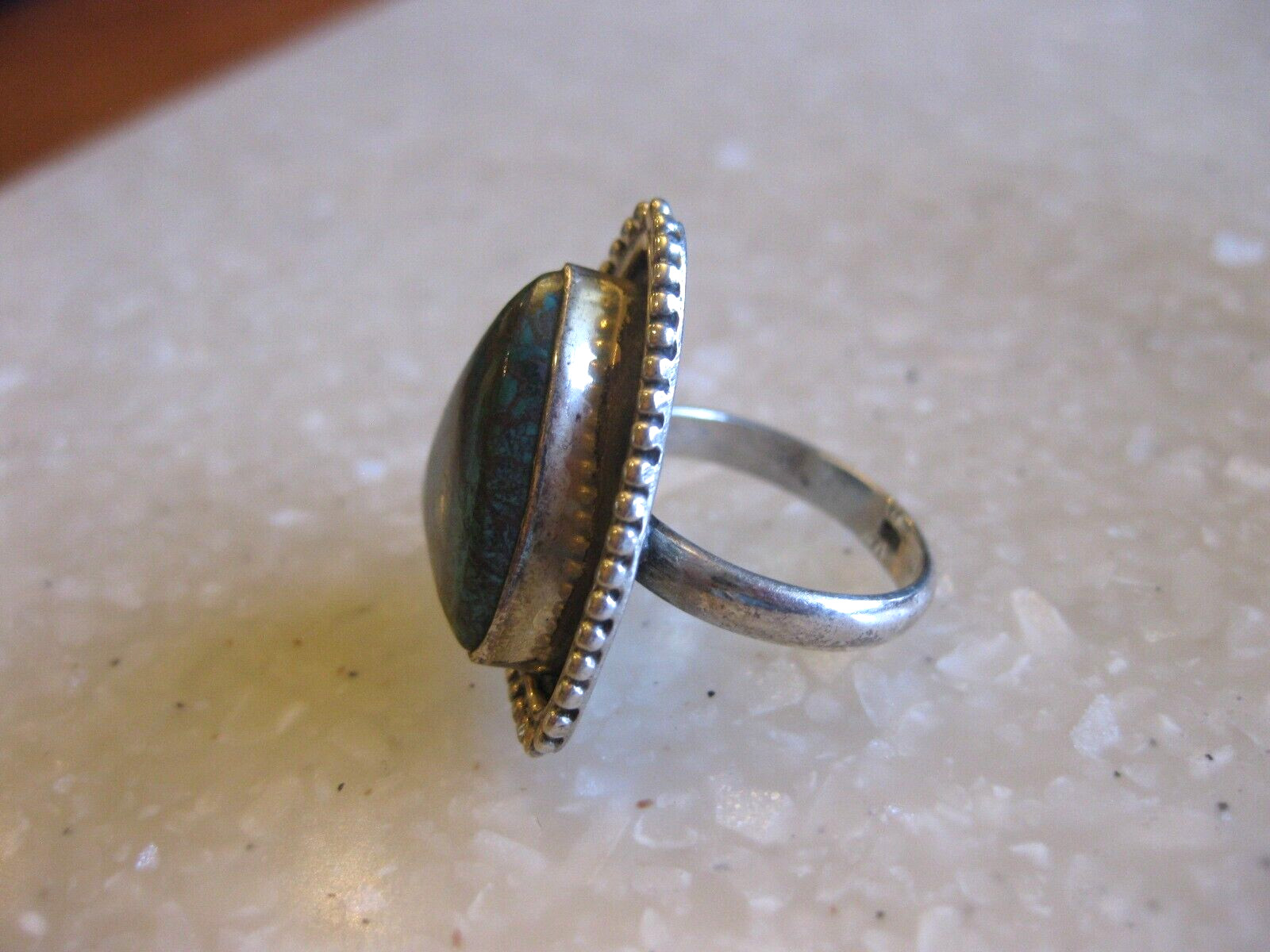 Sterling Ring w/ Natural Stone, Turquoise? Edged w/ Row of Tiny Balls / 6 3/4
