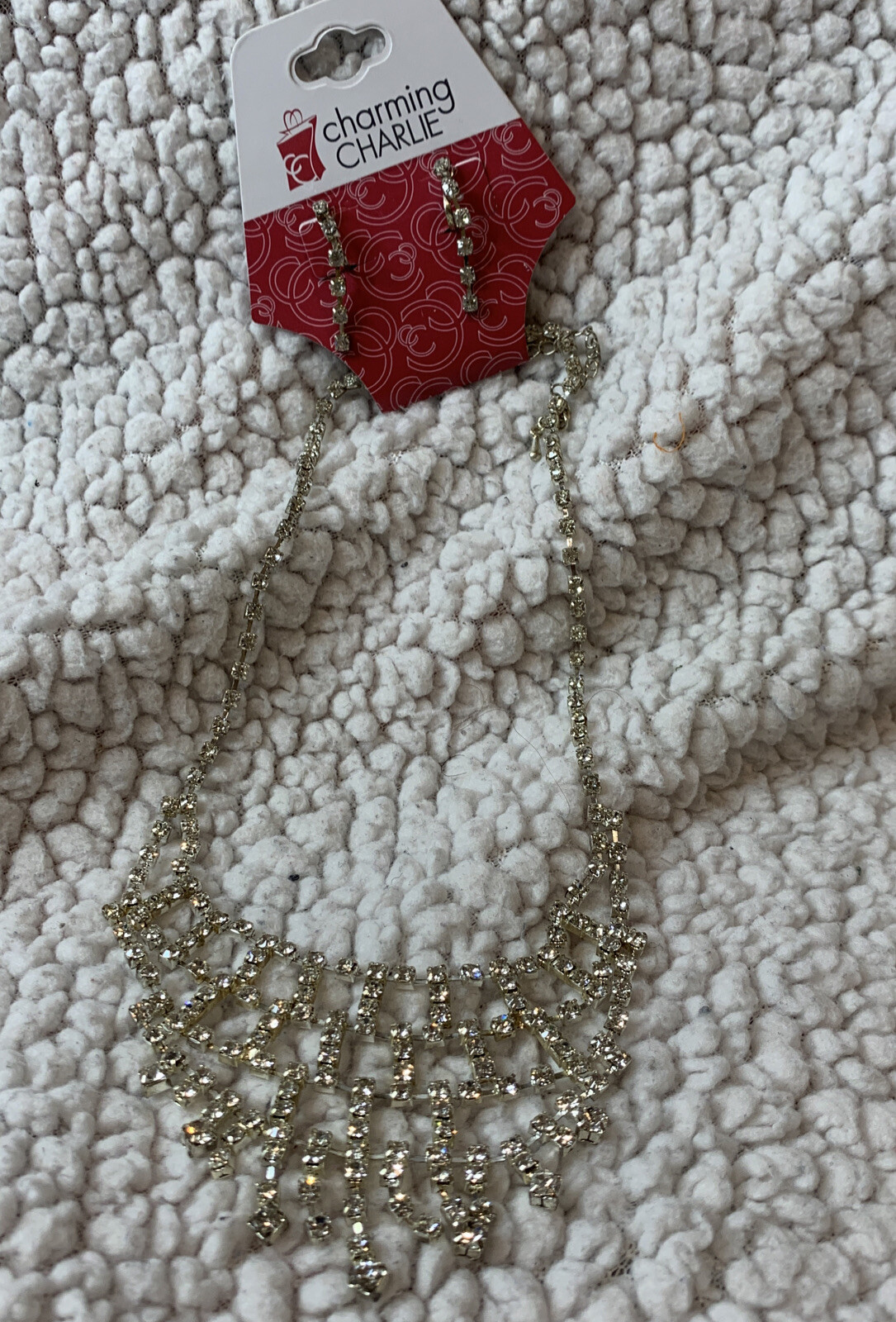 Charming Charlie Special Occasion Rhinestone Collar Necklace & Clip On Earrings