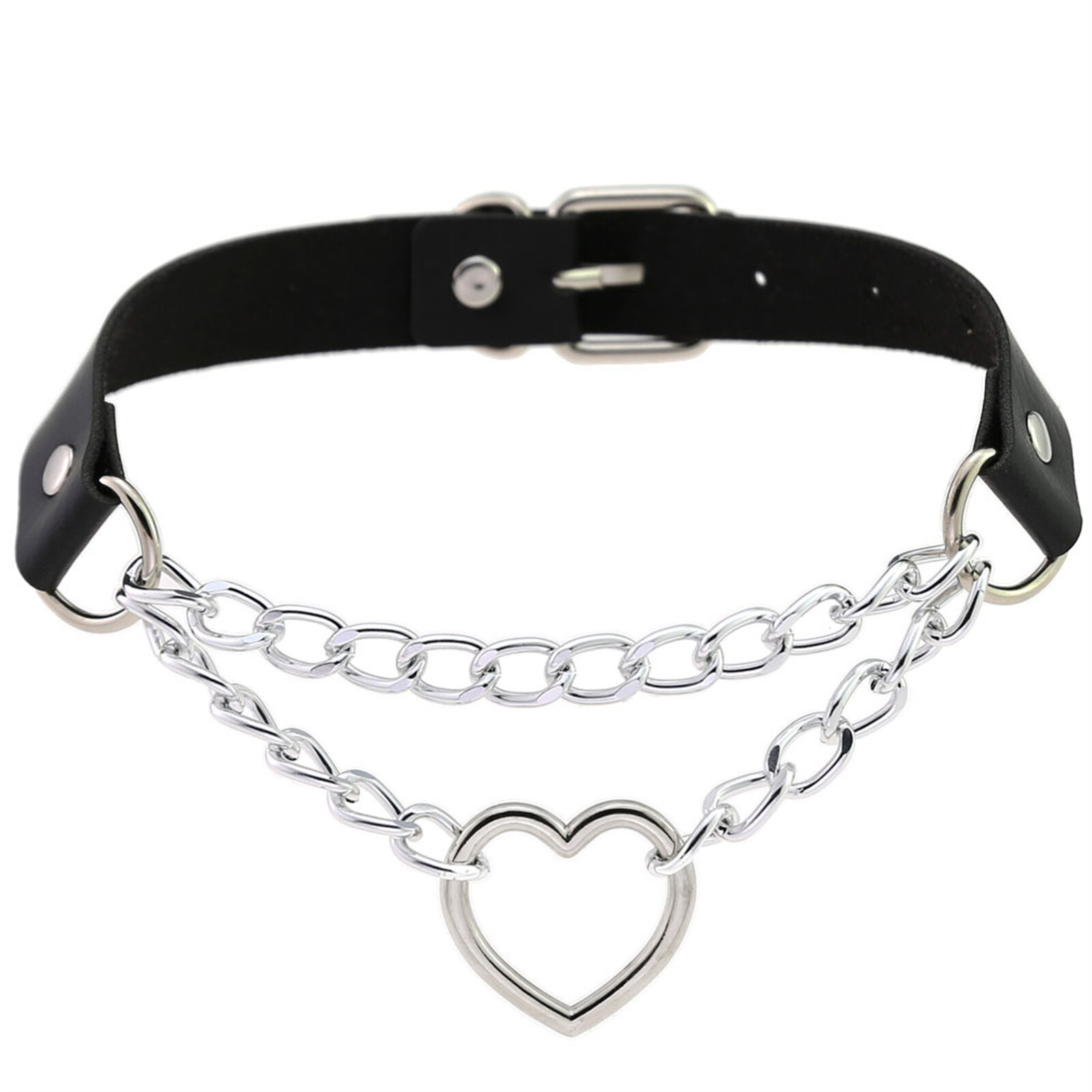 Women Girls Heart Ring Chain Leather Choker Punk Rock Collar Necklace Adjustable