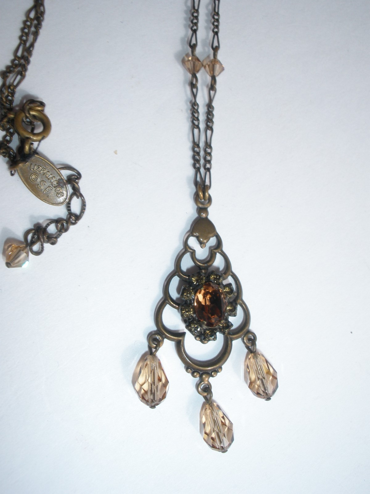 Liz Palacios Topaz Amber Color Swarovski Crystals Brass Vintage 16″ Necklace