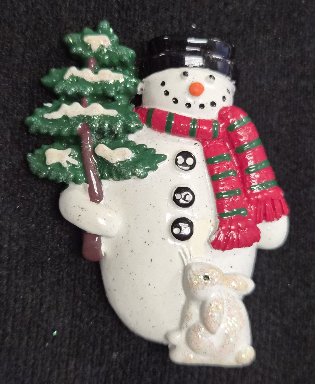 Estate Decorative Christmas Holiday Snowman Holding a Tree & Bunny Pin / Brooch