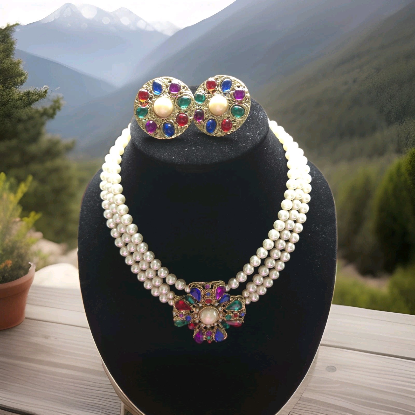 Retro 80s Maximalist Multi Gem Rhinestone Triple Strand Pearl Necklace Set