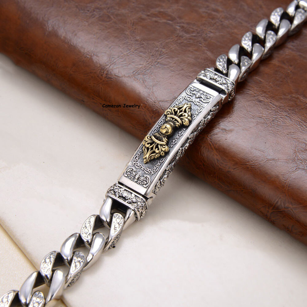 Pure S925 Sterling Silver Bracelet 11mm Vajra Six Words Curb Link Chain 7-8.7in