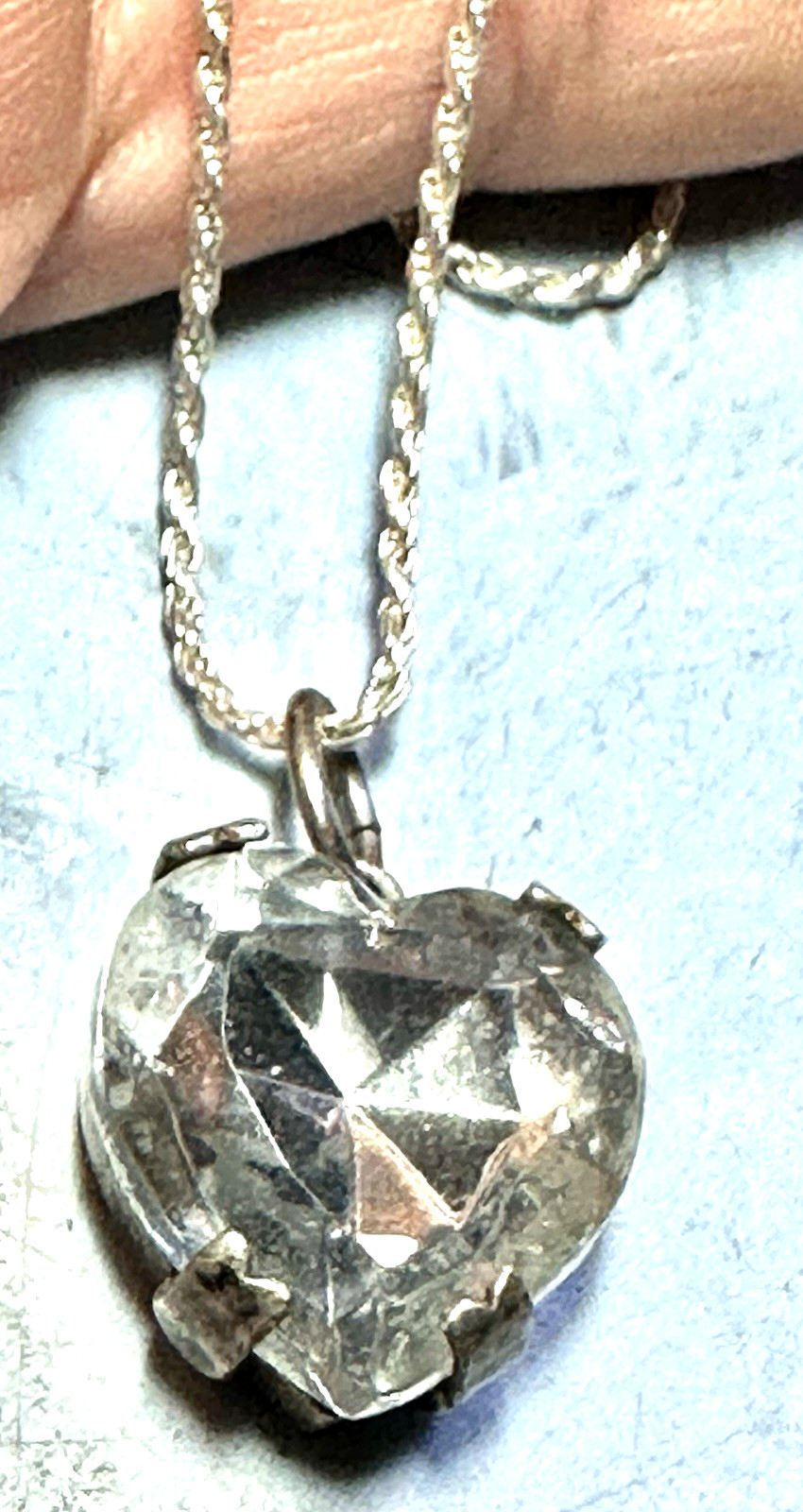 1970s Vintage Silver Tone Heart Crystal Pendant Necklace, Signed TONIC