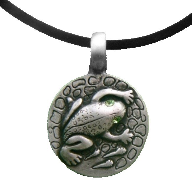 Pewter Silver Frog Pendant with Crystal Eyes Velvet Cord