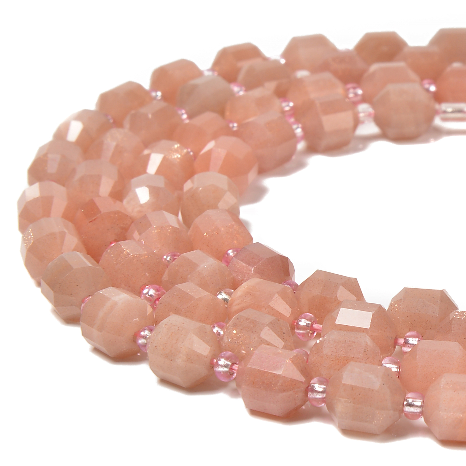 Natural Peach Moonstone Prism Cut Double Point Beads Size 7x8mm 15.5” Strand