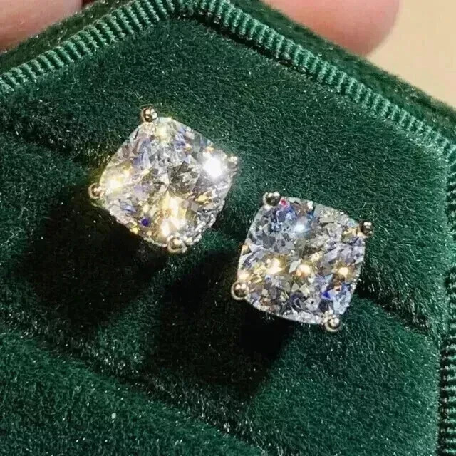 2 CT Cushion Cut Real VVS Moissanite Solitaire Stud Earrings 925 Sterling Silver