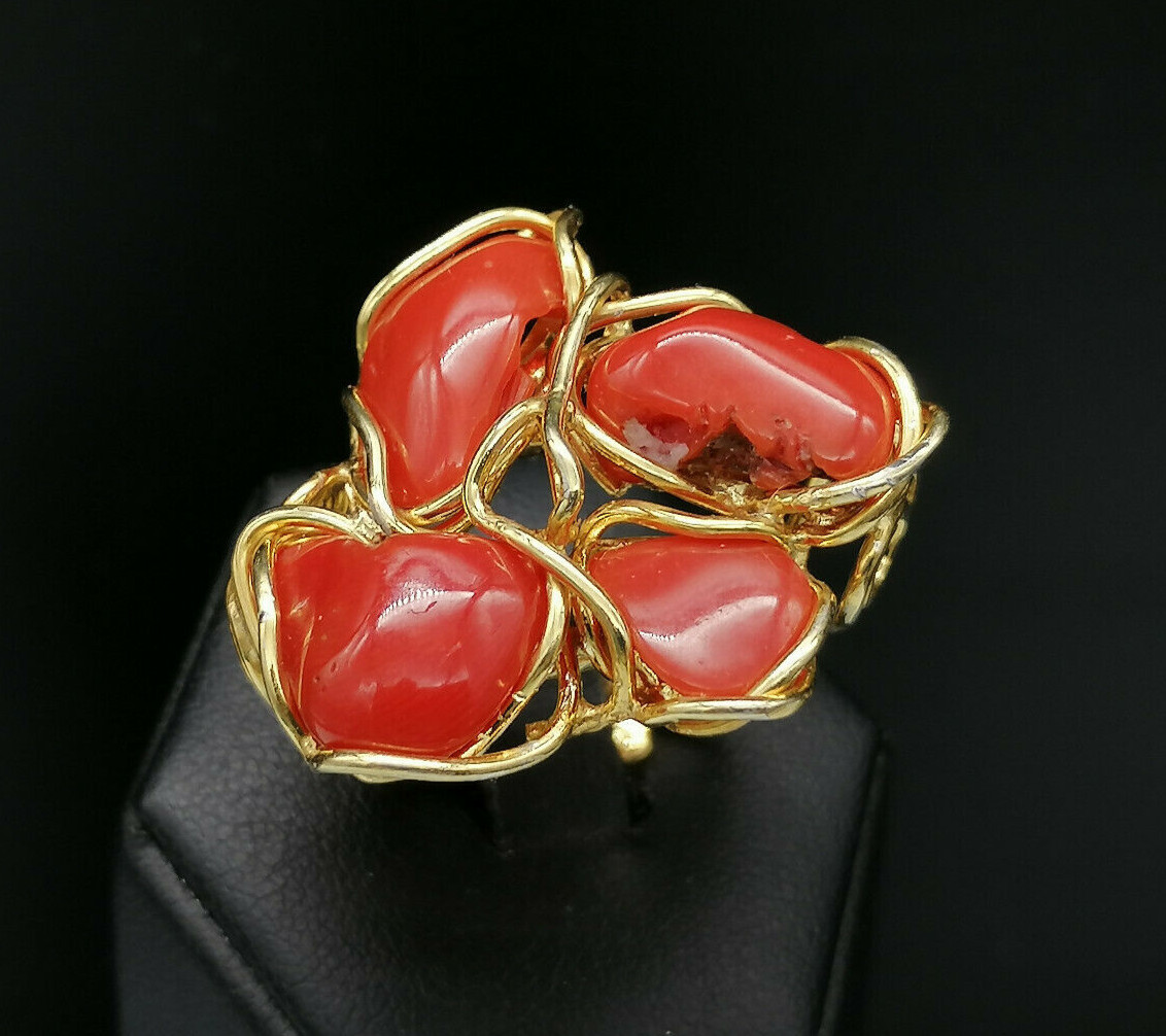 Genuine Sardinian Red Coral 925 Silver Gold Plated Adjustable Women Ring