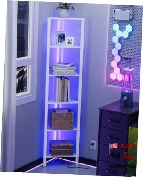 Corner Shelf with LED Light, 6-Tier Corner Bookshelf, 6-Tiers White With Lights