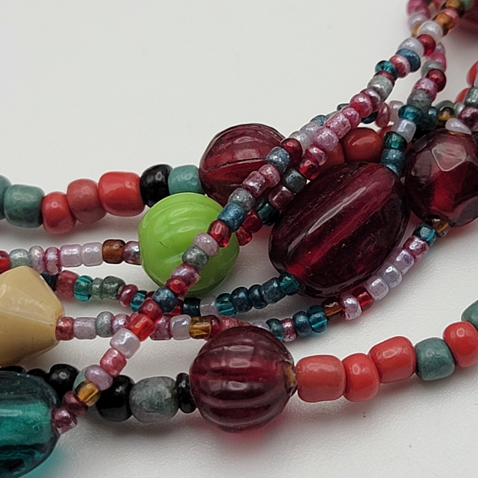 Multicolor Glass Stone And Seed Bead Multi Strand Necklace And Earrings Set 20″