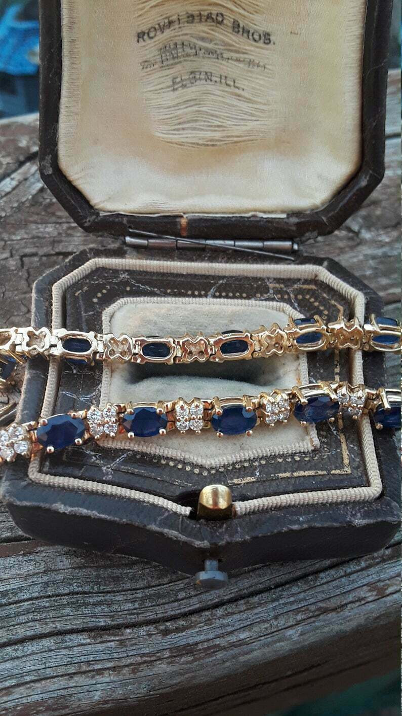 18Ct Oval Cut Sapphire & Diamond Women’s Tennis Bracelet In 14K Yellow Gold Ove