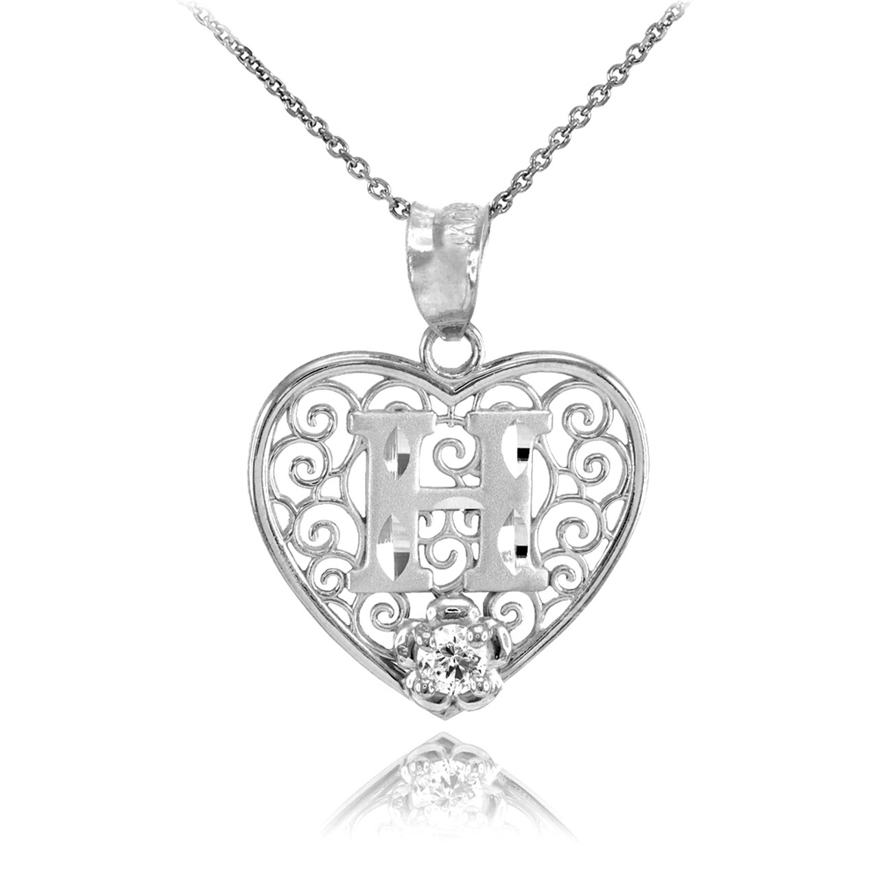 925 Sterling Silver Filigree Heart CZ Any / All Initial Letter Pendant Necklace