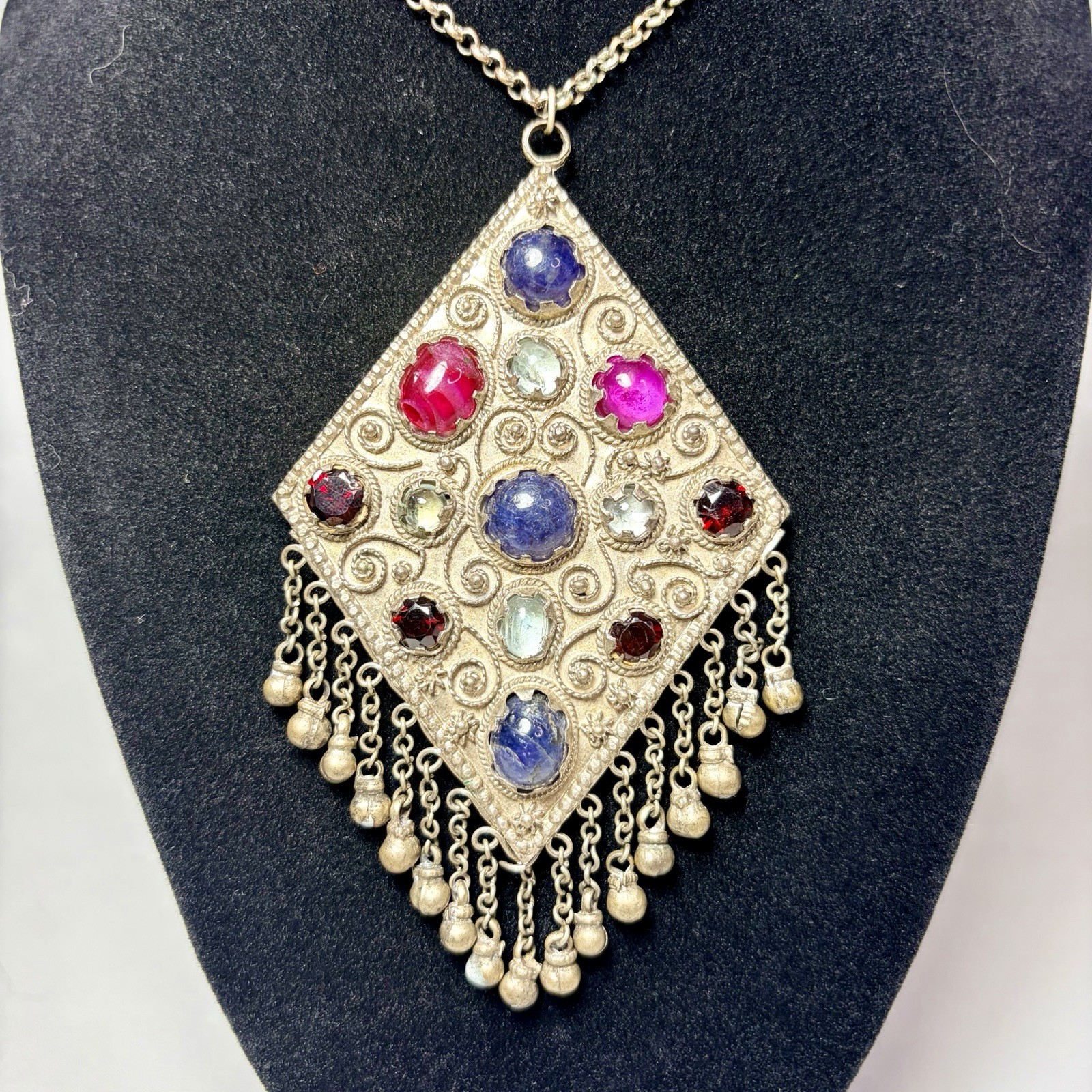Vintage Kuchi Tribal Pendant Intricate Metalwork Adorned Colored Cabochons