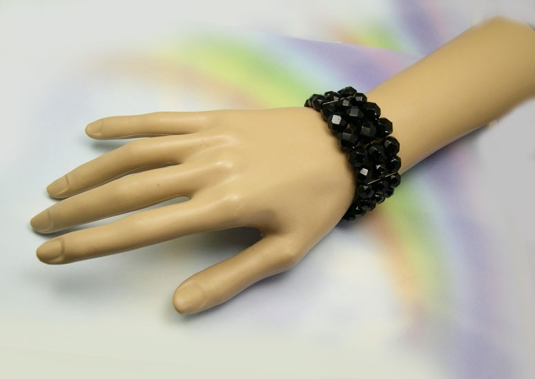 Vintage Wire Wrap Bracelet Jet Black Glass Faceted Beads retro old jewelry
