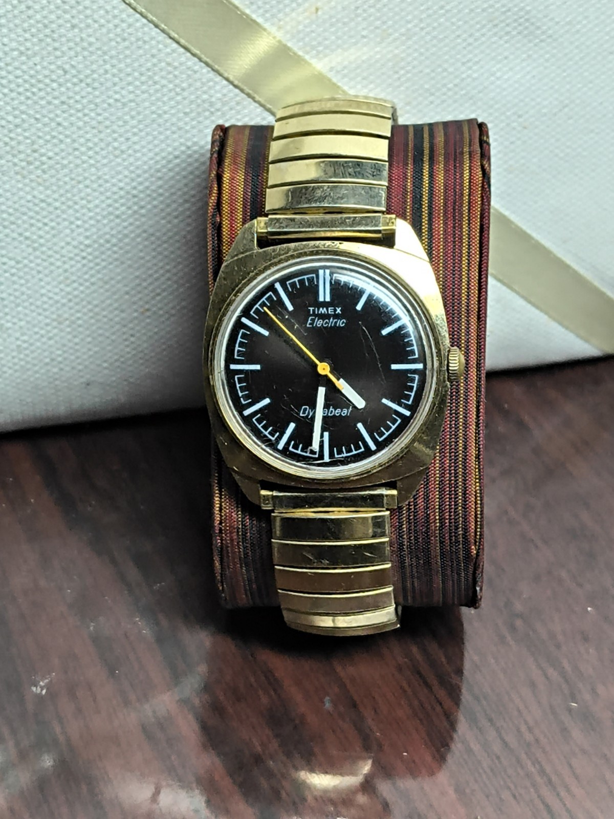 Rare Vintage 1975 Timex Dynabeat Electric Watch Gold Tone Black Dial Orange Hand