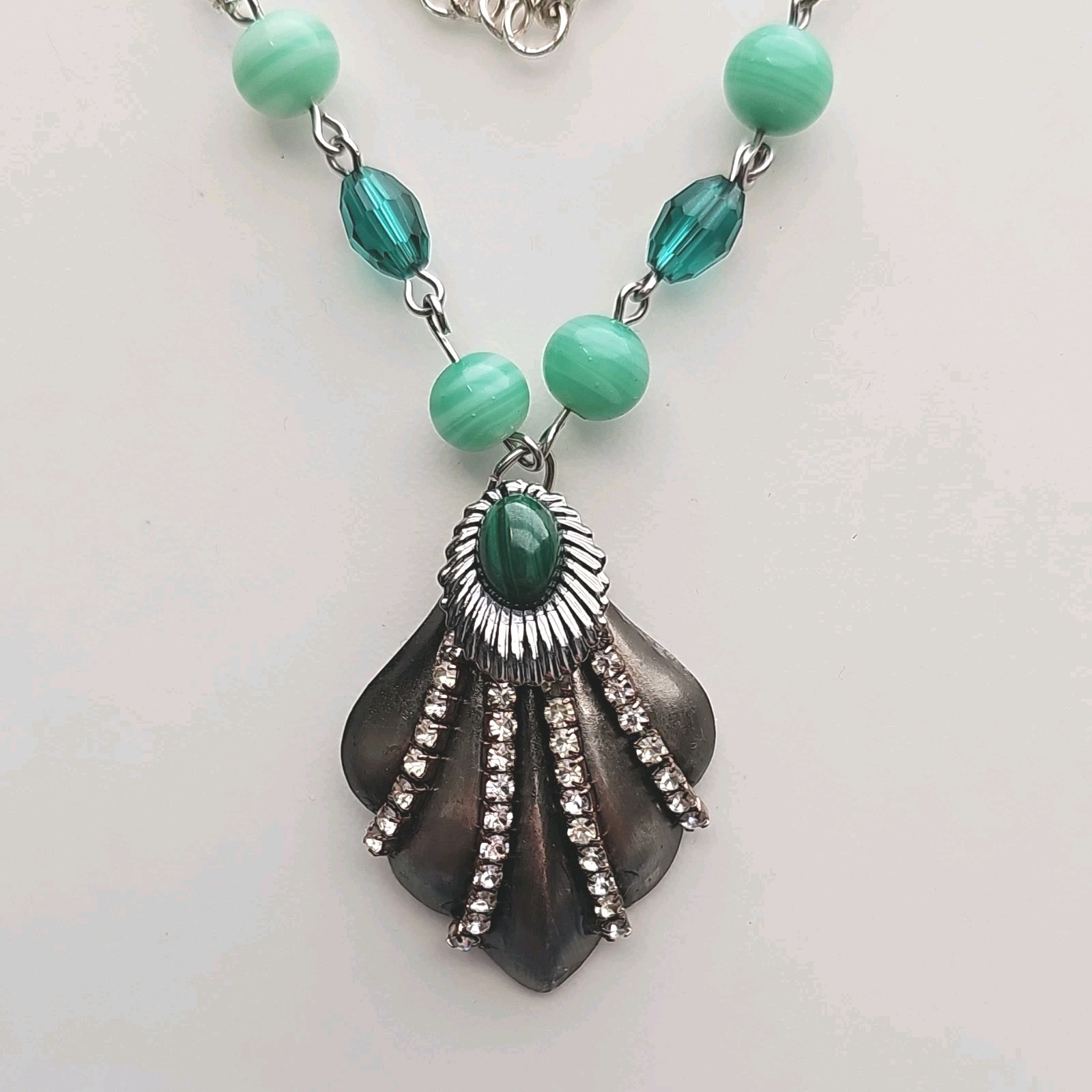 Assemblage Necklace Vintage Czech Glass Beads Malachite Cab Pendant Silver Tone