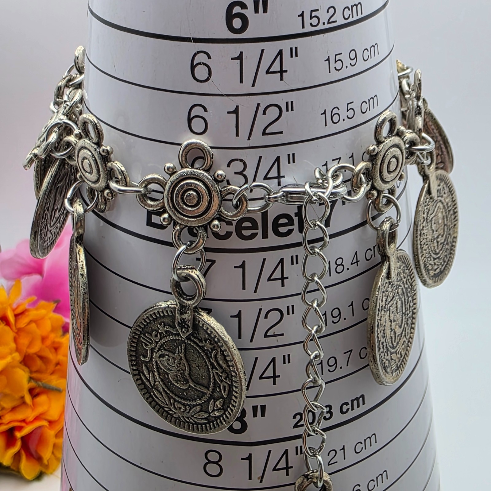 Boho Ottoman Style Coin Charm Bracelet Silver Tone Dangle 7 To 9.5 In Adjustable