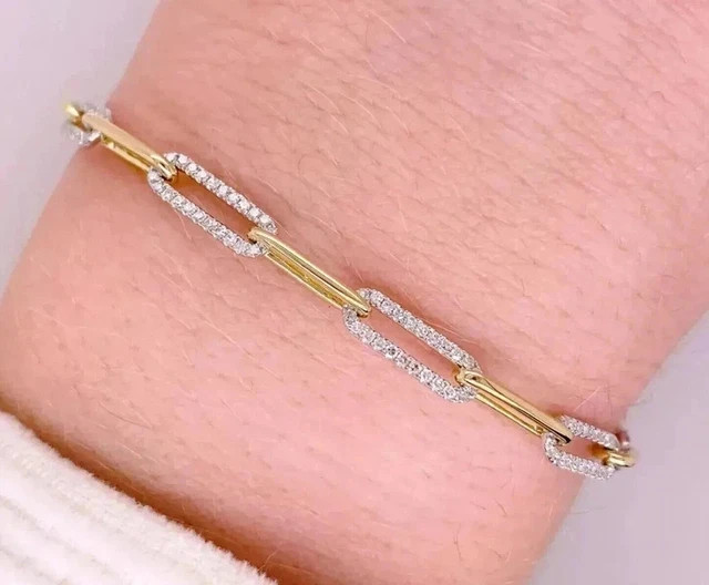 Paper Clip Bracelet In 14K Yellow Gold Plated 2 Ct Round Cut Lab Created Diamond