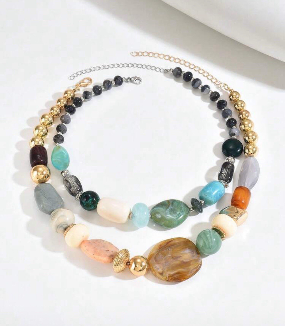 Turquoise and Brozne Twist Resin Bead Chunky Collar Style Necklace with Button