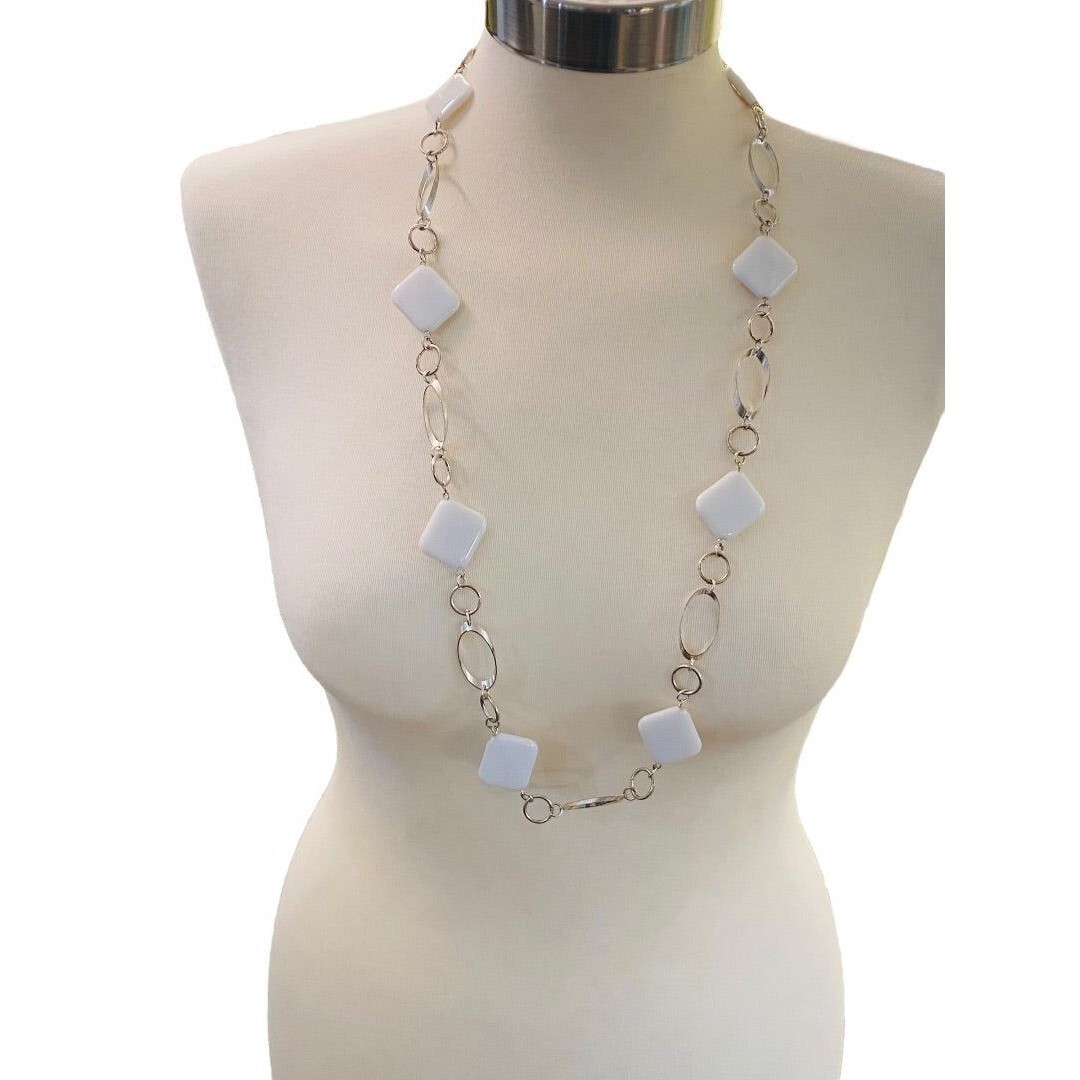 Silvertone and White Acrylic Square Necklace Overhead 34″ Lightweight