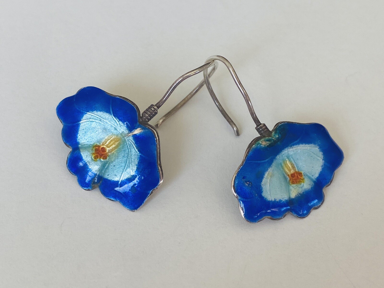 Antique Vintage Chinese Export Sterling Silver Blue Enamel Dangle Earrings
