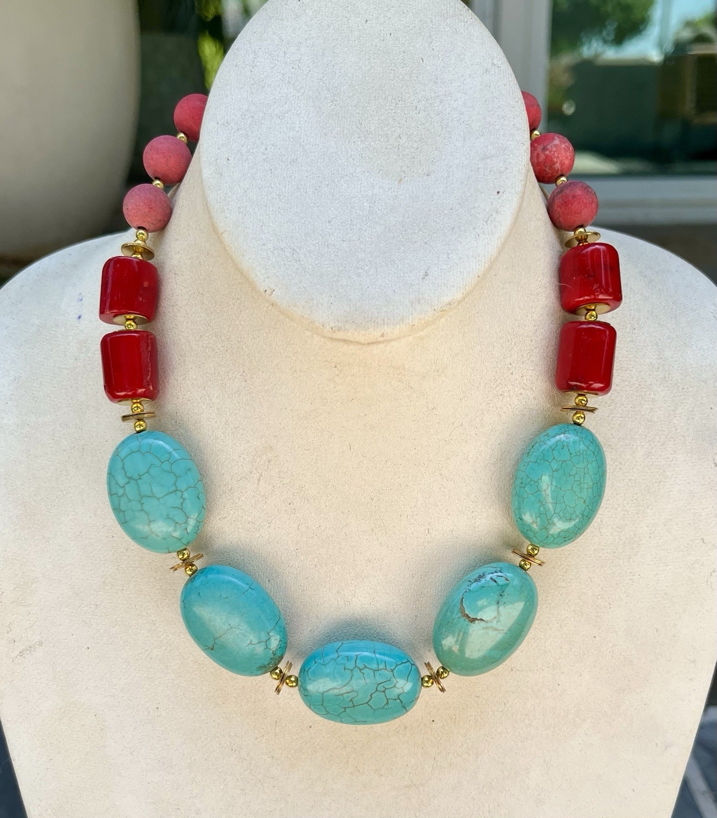 Barse NWT Blue Green Turquoise And Red Coral 16” Statement Necklace
