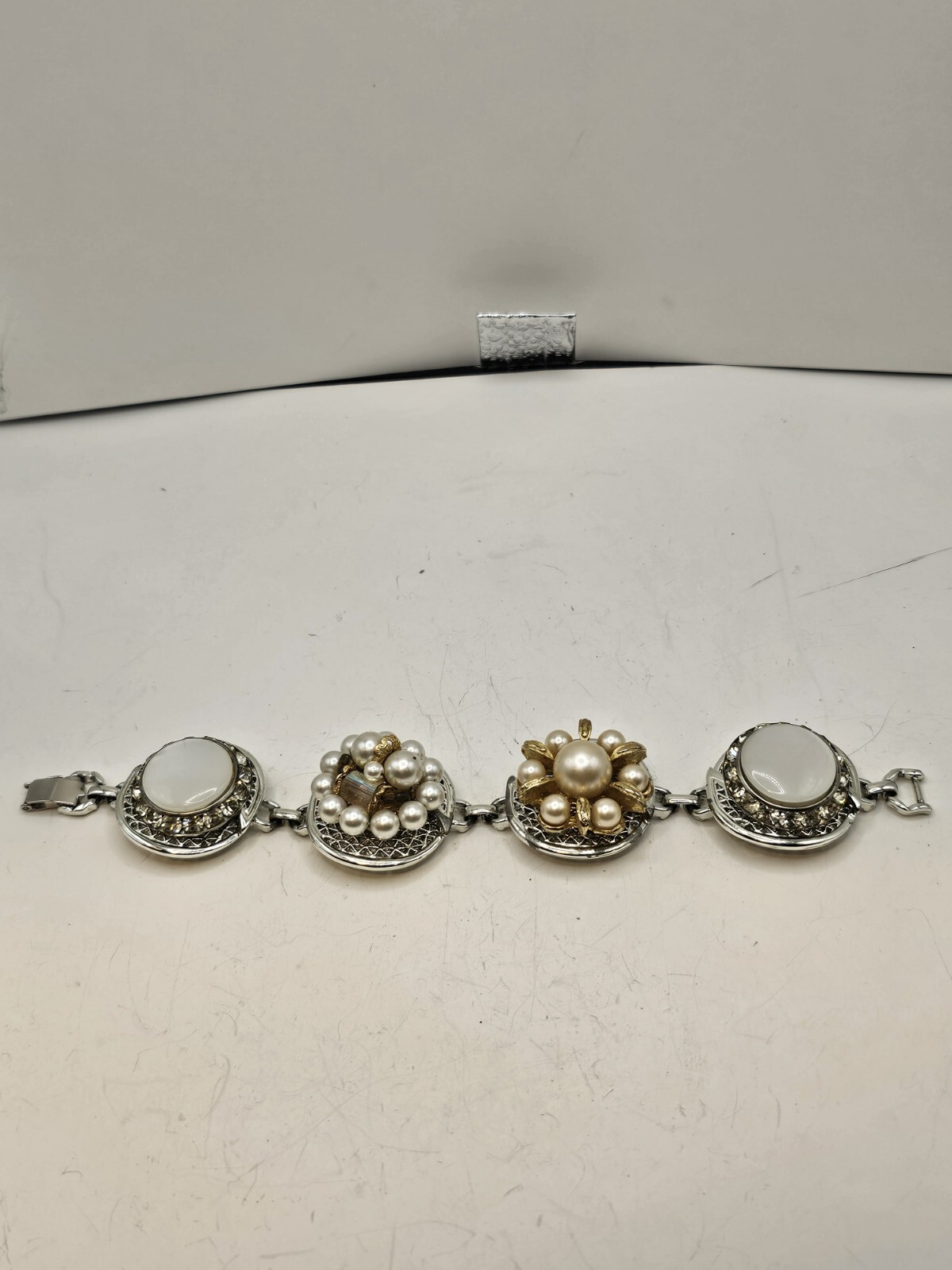 Handmade Mixed Media Bracelet Vtg Clip Earrings 40-50s OOAK 7.25″ Grannycore