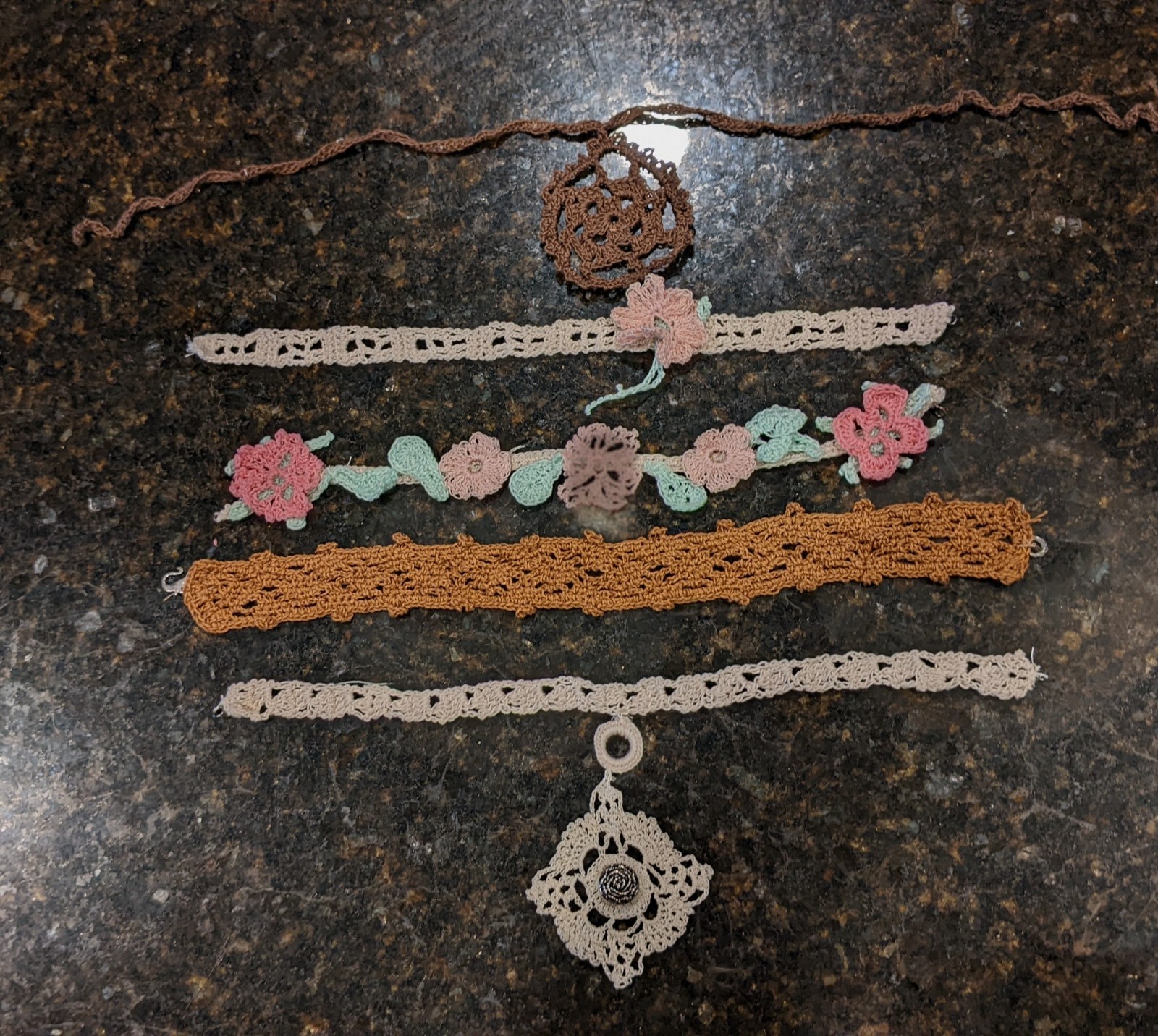 Five Unique Hand Crocheted Choker Style Necklaces: Ivory, pink flowers, brown