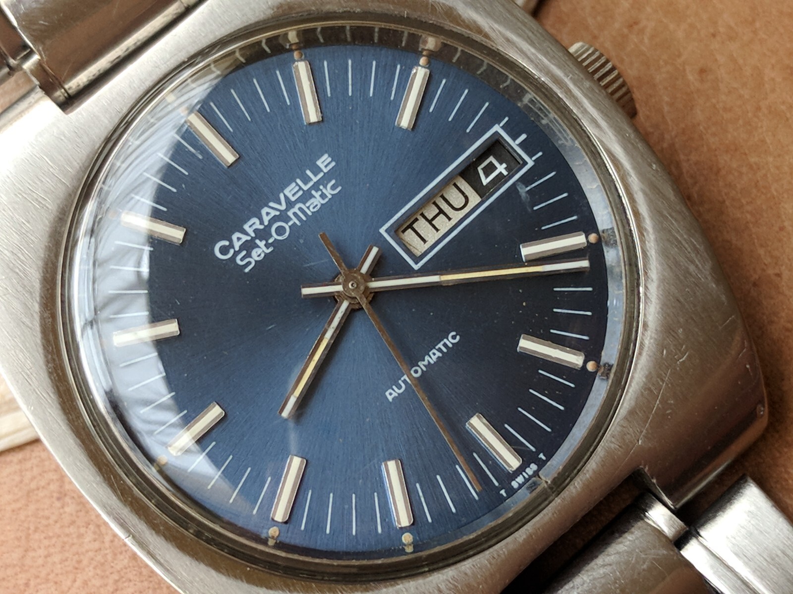 Vintage 1970’s Caravelle Set-O-Matic Day-Date Watch w/Blue Dial,Patina,SS Case