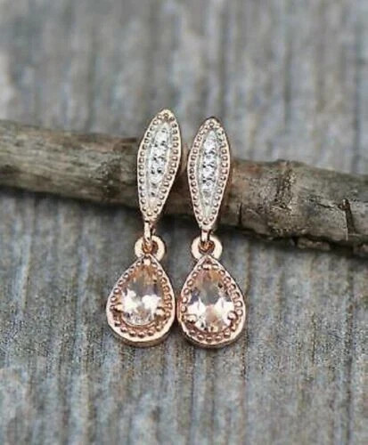 2Ct Pear Lab Created Morganite Women Drop & Dangle Earrings 14k Rose Gold Plated