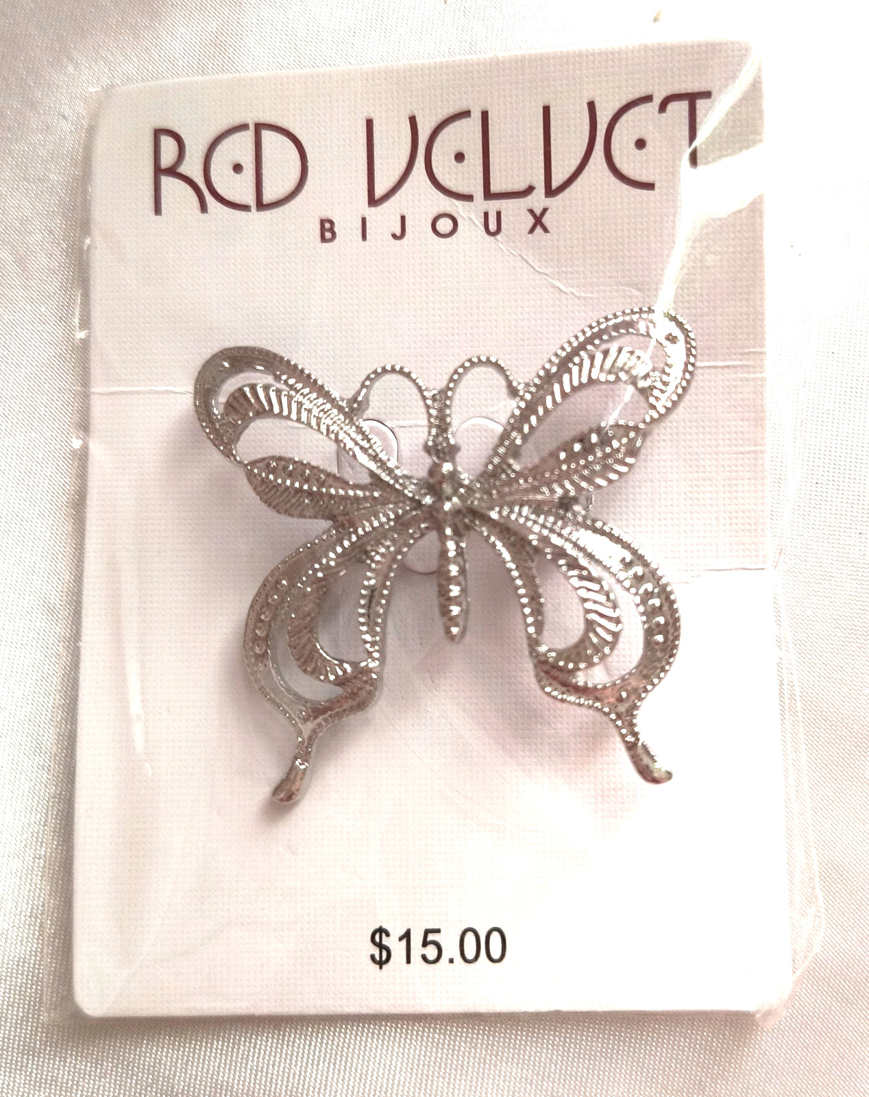 NEW Red Velt by Bijoux Women’s Jewelry Brooch Silvertone Butterfly 1.25″ x 1.25″