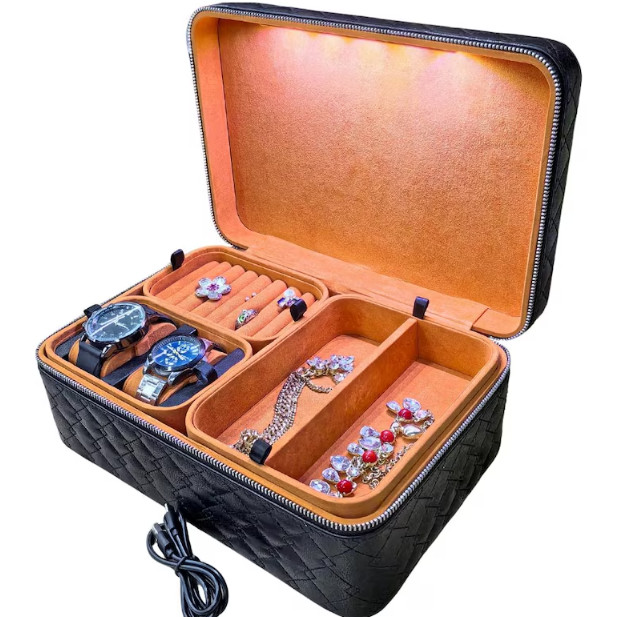 Black and Orange LED Light Luxury Travel Jewelry Case Organizer Genuine Leather