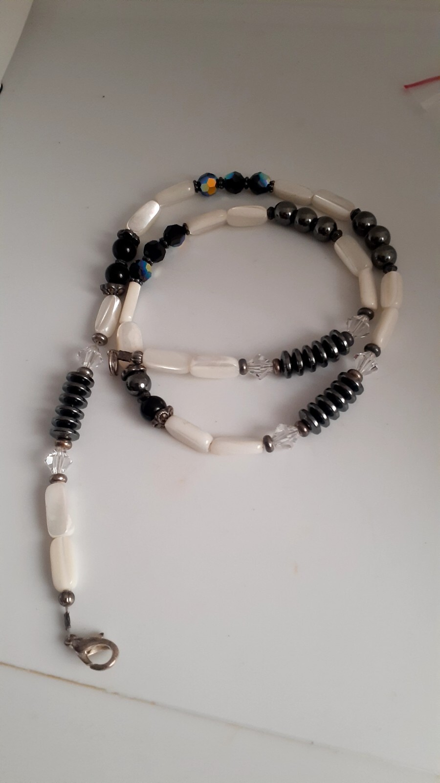 Mother of Pearl Hematite Clear & Black Stone Necklace. 18″