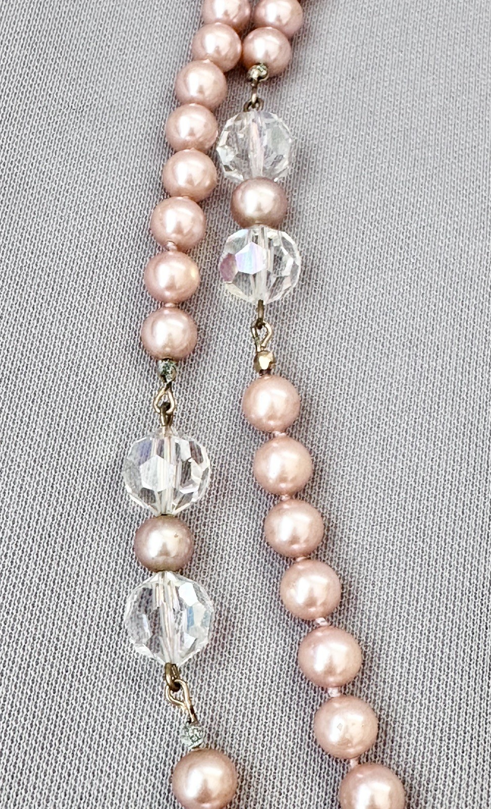 Vintage Elegant Long Dusty Pink Faux Pearl & Crystal Accent Bead Necklace-26 in