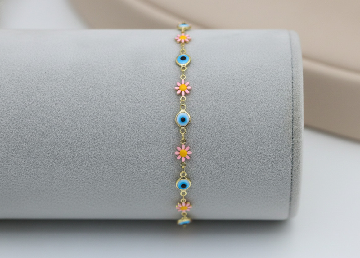 Charming Gold Color Floral Daisy Bracelet Evil Eye Protection Link Chain Bracele
