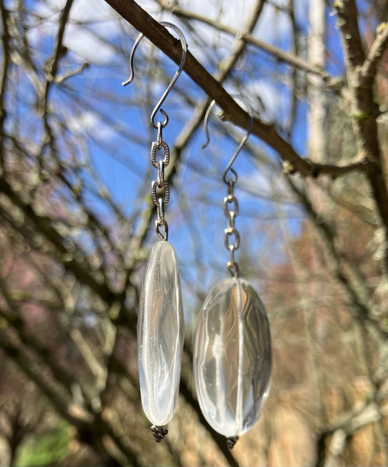 Round Faceted Clear Quartz Dangle Earrings, Artisan made, 3.5 inches long